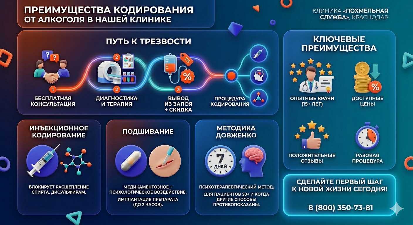 Инфографика о методах кодирования от алкоголя в Большом Утрише: инъекции, подшивание, метод Довженко. Преимущества клиники и этапы лечения.