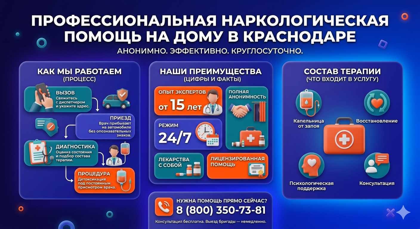 Инфографика о принципах лечения алкоголизма на дому в Большом Утрише: этапы вызова нарколога, преимущества анонимной детоксикации и состав медицинской помощи.